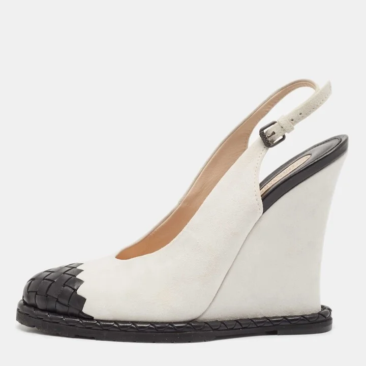 Bottega Veneta White/Black Intrecciato Suede and Leather Espadrille Wedge Sandals Size 39