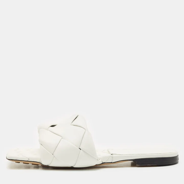 Bottega Veneta White Intrecciato Leather Lido Flat Slides Size 39