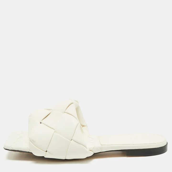 Bottega Veneta White Intrecciato Leather Lido Flat Slides Size 39