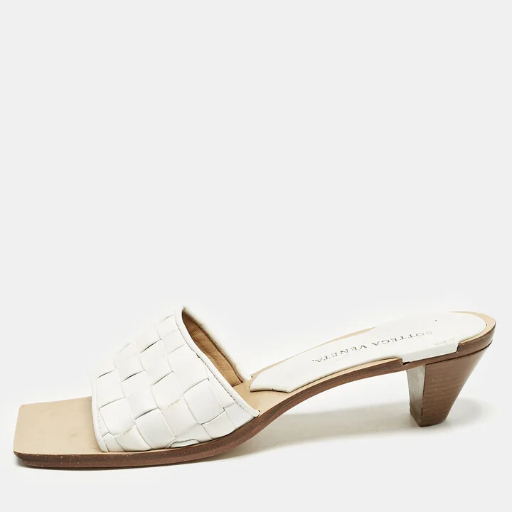 Bottega Veneta White Intrecciato Leather Square Toe Slide Sandals Size 38