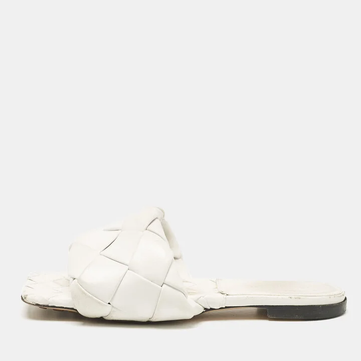 Bottega Veneta White Woven Leather Lido Flat Slides Size 37.5
