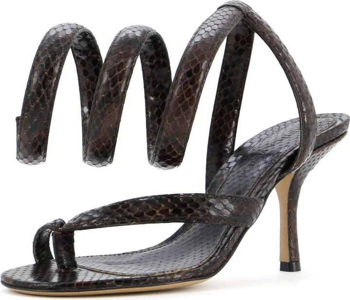 Bottega Veneta Women's Spiral Thong Heeled Sandals Python Embosssed Leather