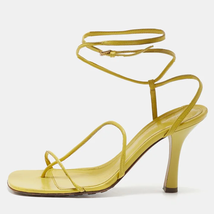 Bottega Veneta Yellow Leather Square Toe Ankle Strap Sandals Size 37