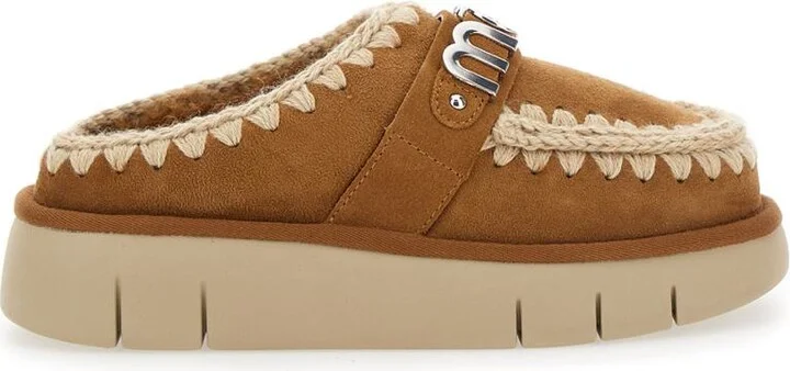 'Bounce' Beige Mules With Logo Lettering And Open Rear In Leather Woman