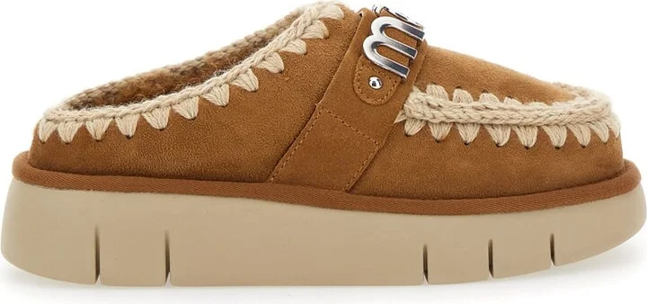 'bounce' Beige Mules With Logo Lettering And Open Rear In Leather Woman