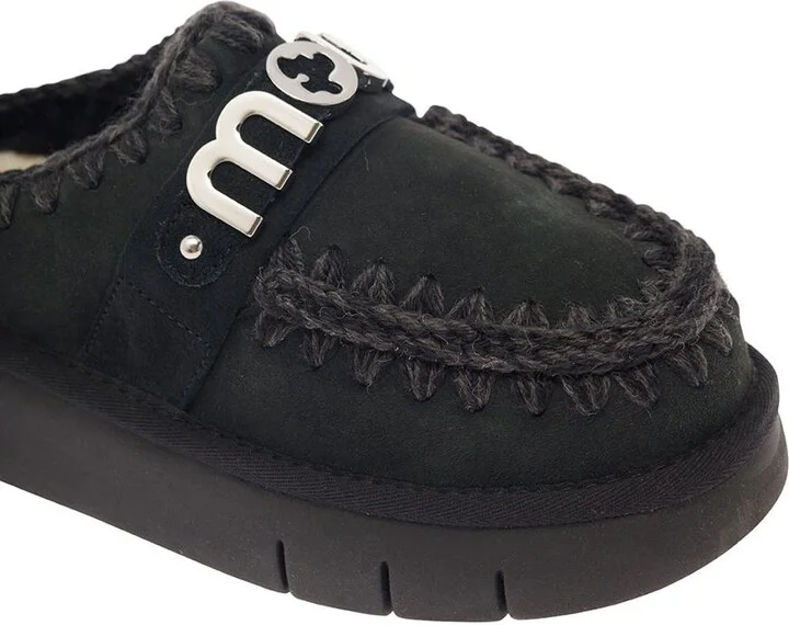 'Bounce' Black Mules With Logo Lettering And Open Rear In Suede Woman - Image 4