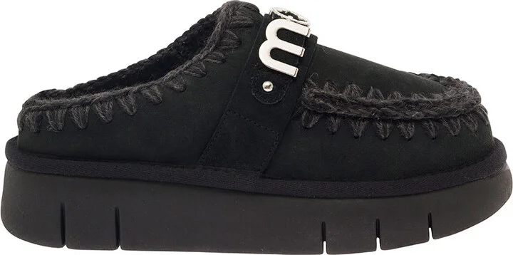 'bounce' Black Mules With Logo Lettering And Open Rear In Suede Woman