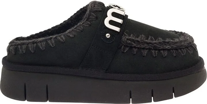 'Bounce' Black Mules With Logo Lettering And Open Rear In Suede Woman