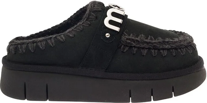 'Bounce' Black Mules With Logo Lettering And Open Rear In Suede Woman