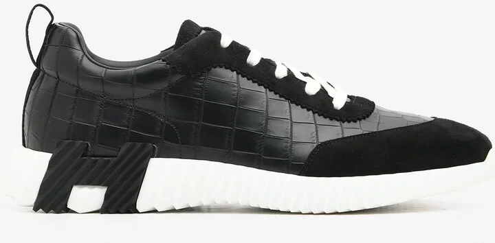 Bouncing Low-Top Sneakers in Black Matte Nilo Crocodile and Suede