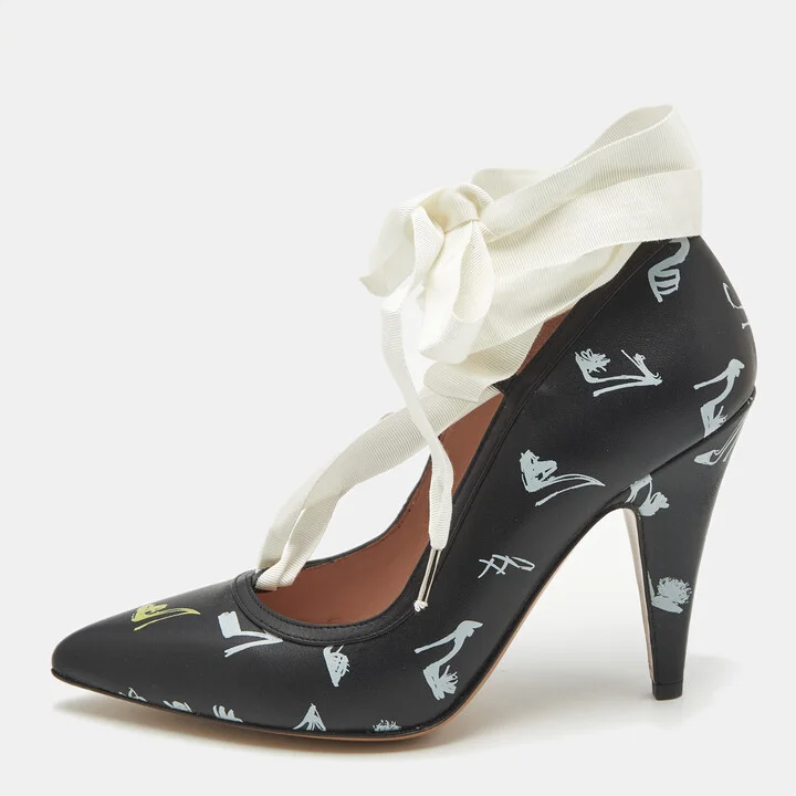 Boutique Moschino Printed Black Leather Ankle Wrap Pumps Size 37