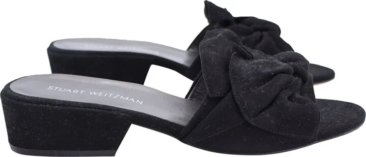 Bow Block-Heel Slides in Black Suede