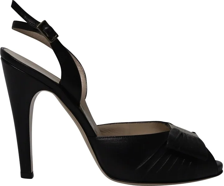Bow Detail Slingback Sandals in Black Leather