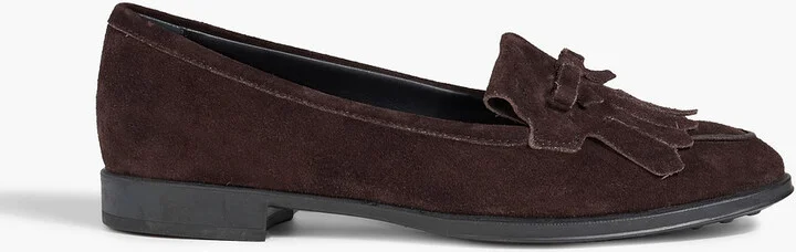 Bow-detailed fringed suede loafers
