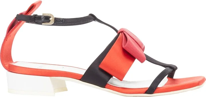 Bow Embellished Satin T-strap Chunky Sandals