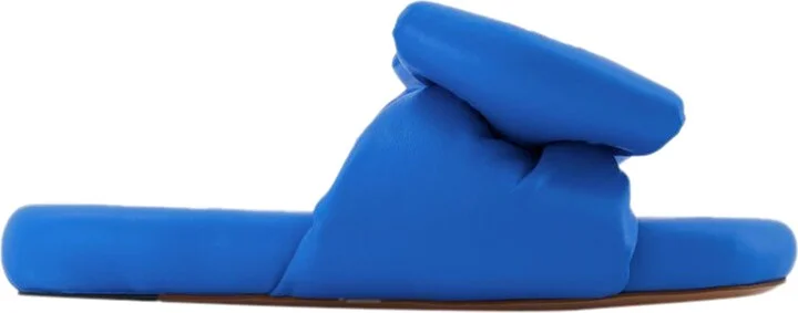 Bow Padded Slides - Off White - Blue - Leather