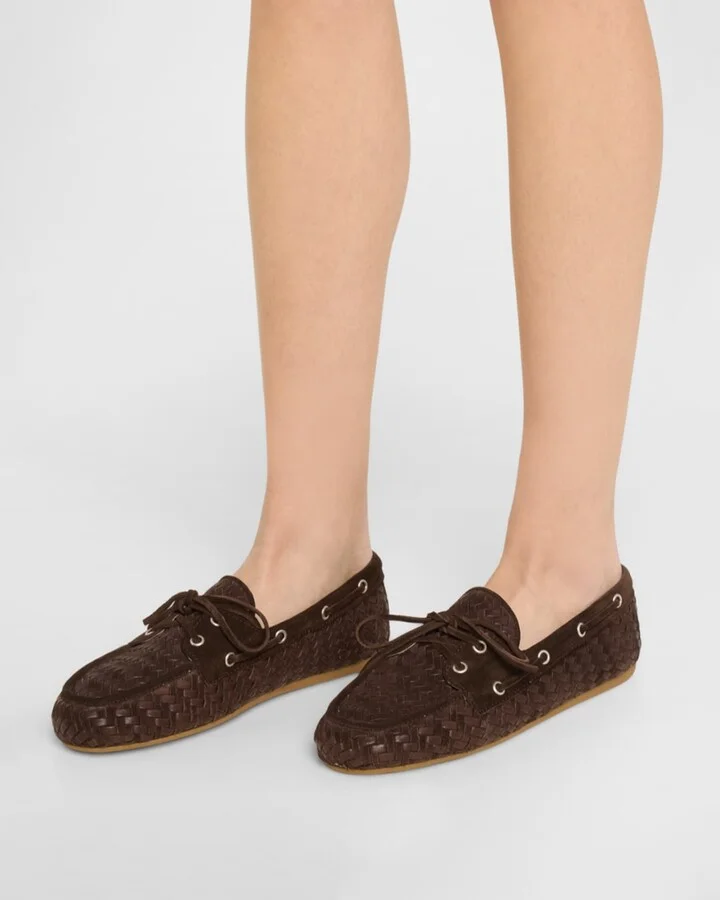 Bow Woven Suede & Leather Boat Shoes - Image 9