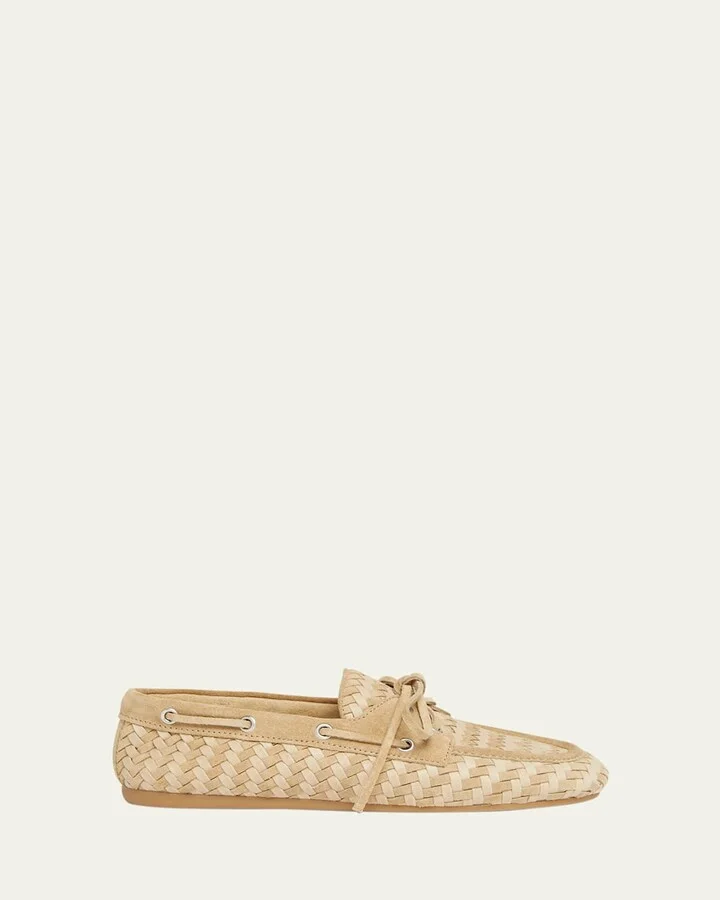 Bow Woven Suede & Leather Boat Shoes