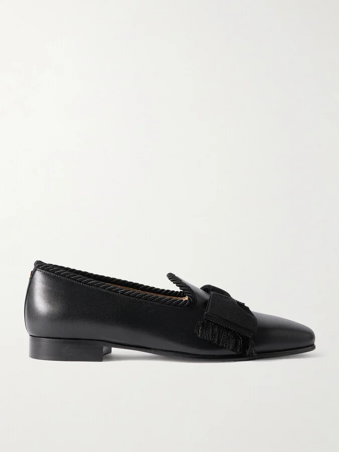 Bowow Frayed Grosgrain-Trimmed Leather Loafers
