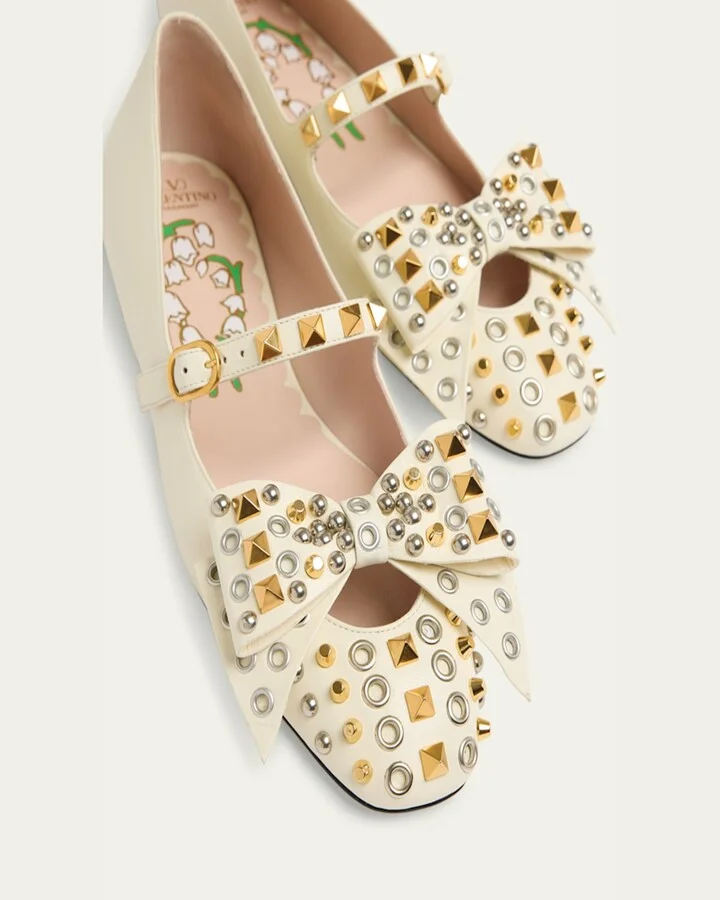 Bowow Studded Bow Leather Ballerina Flats - Image 4