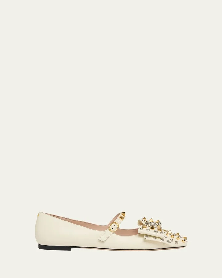 Bowow Studded Bow Leather Ballerina Flats