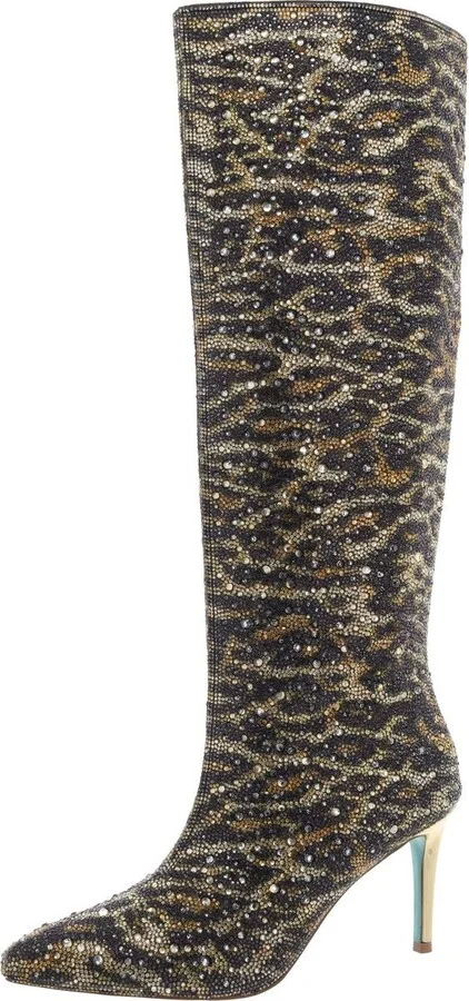 Brea Womens Rhinestone Animal Print Knee-High Boots