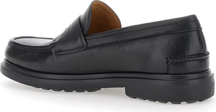 'Brema' Black Loafers With Tonal Stitching And Almond Toe In Leather Man - Image 3