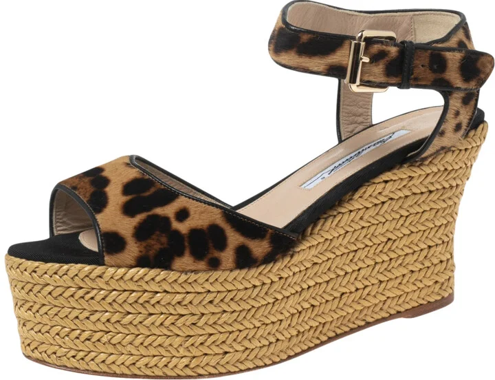 Brian Atwood Beige/Black Pony Hair Espadrille Wedge Sandals Size 39