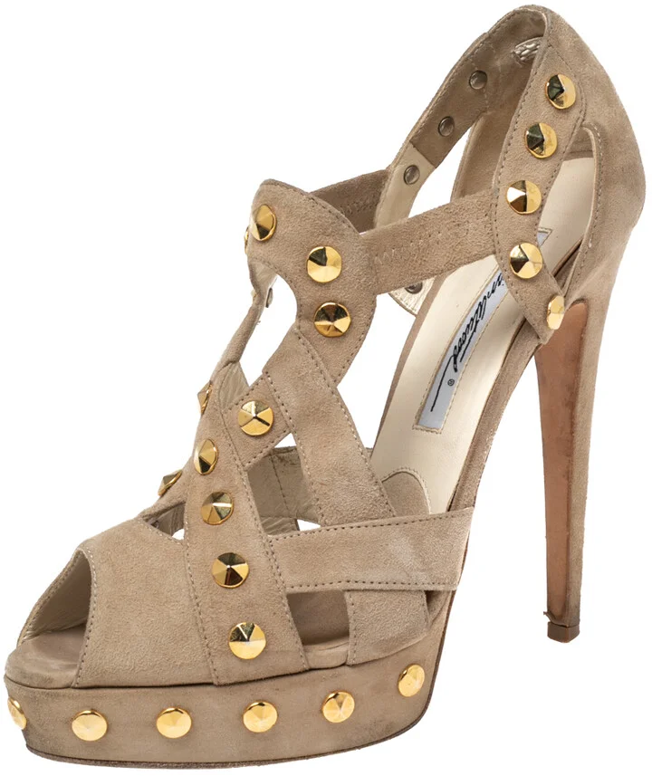 Brian Atwood Beige Cut-Out Studded Suede Peep-Toe Platform Pumps Size 37.5