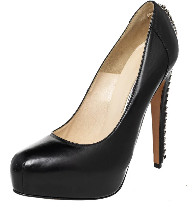 Brian Atwood Black Leather Chain Heel Platform Pumps Size 39.5