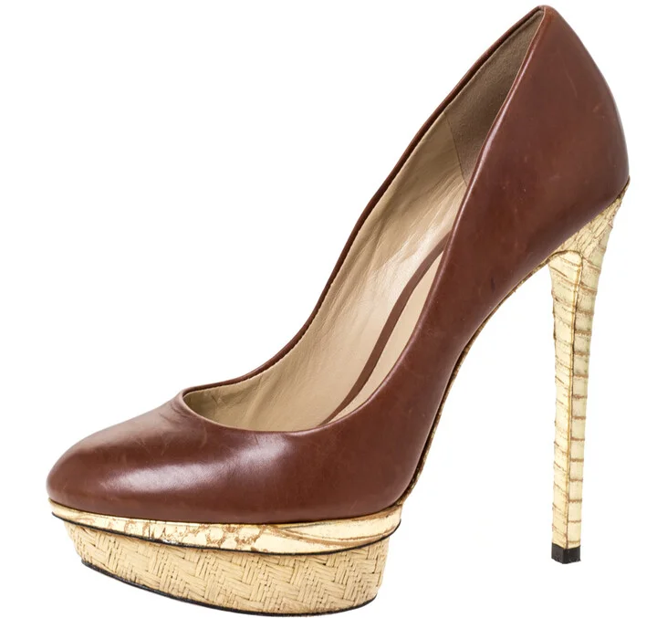 Brian Atwood Brown/Gold Leather and Python Effect Platform Pumps Size 38.5