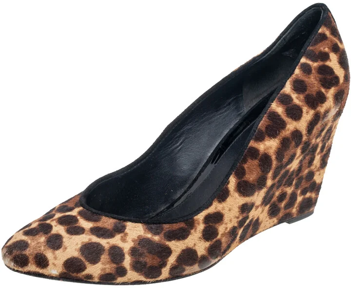 Brian Atwood Brown Leopard Print Pony Hair Wedge Pumps Size 39.5
