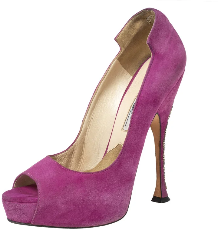 Brian Atwood Magenta Suede Embellished Chain Heel Peep-Toe Pumps Size 37