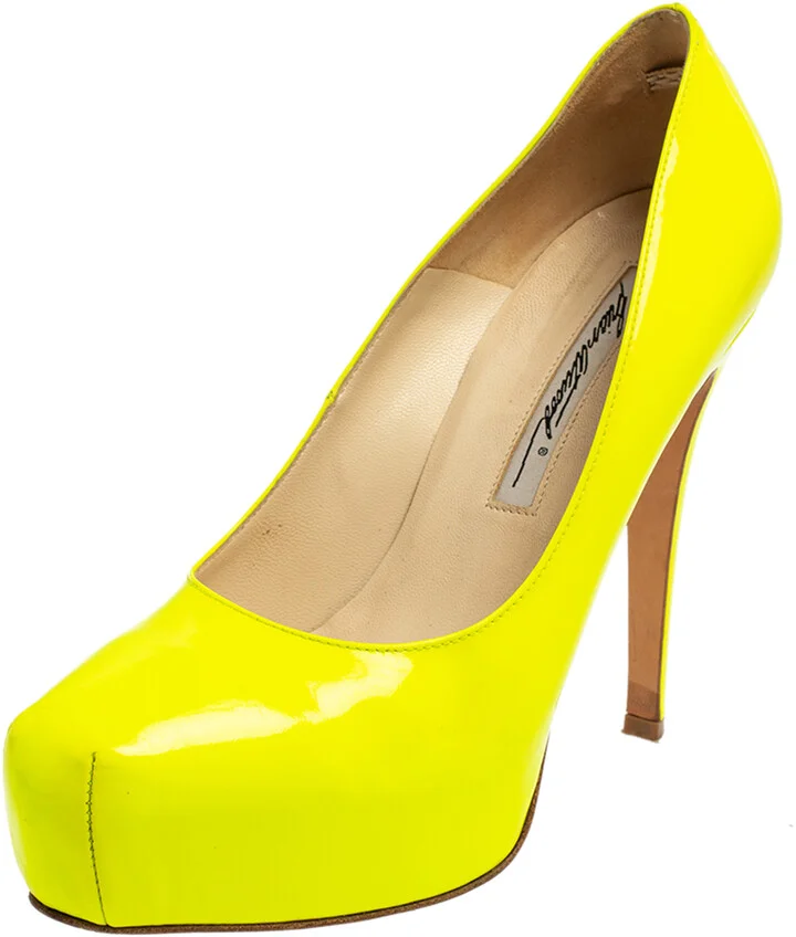 Brian Atwood Neon Green Patent Leather Platform Pumps Size 36.5