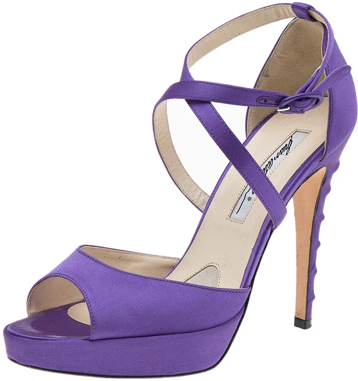 Brian Atwood Purple Satin Platform Ankle Strap Sandals Size 38.5