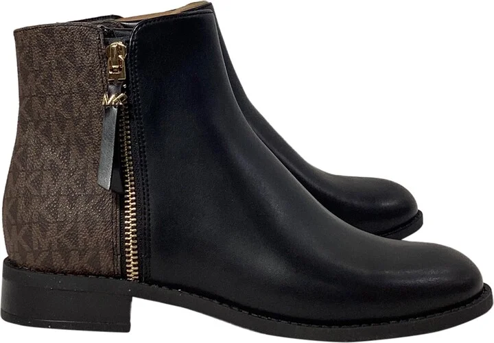 Britt Signature Logo Trim Ankle Boot in Black and Brown Leather