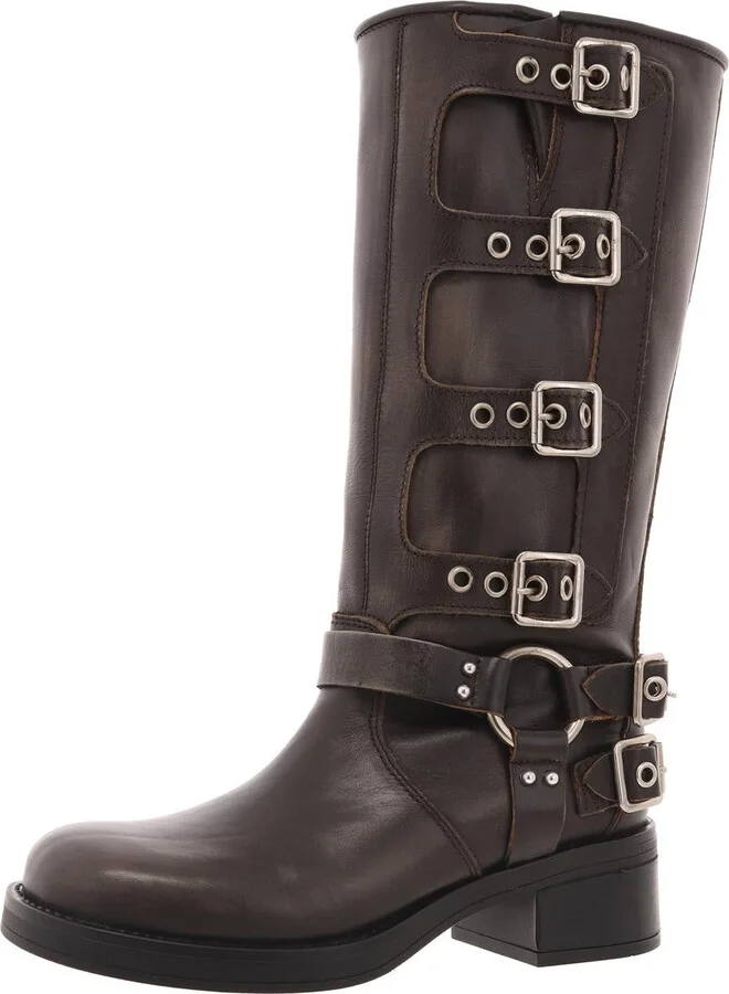Brocks Womens Leather Moto Mid-Calf Boots
