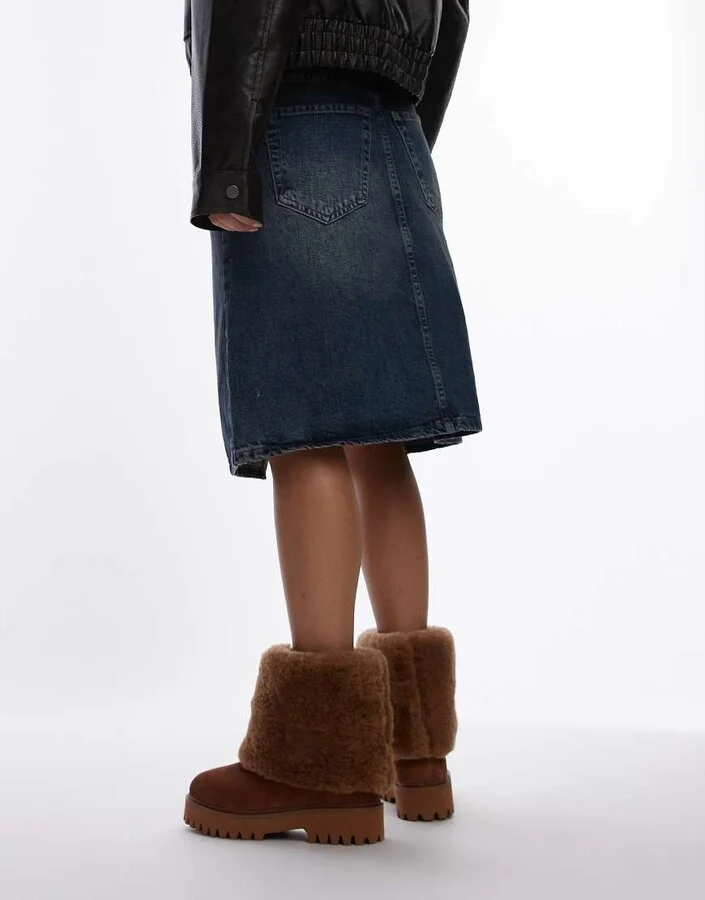 Bronx Groov-y shearling fold over ankle boots in cognac suede - Image 3
