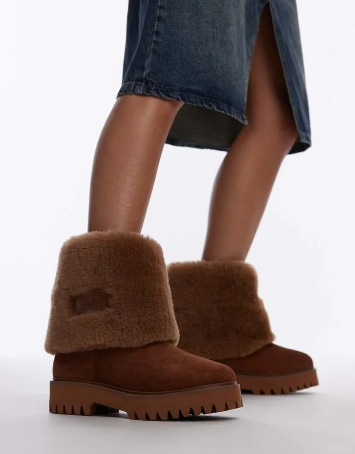 Bronx Groov-y shearling fold over ankle boots in cognac suede