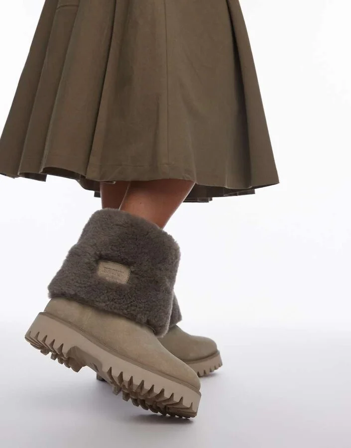 Bronx Groov-y shearling fold over ankle boots in oatmilk suede - Image 3