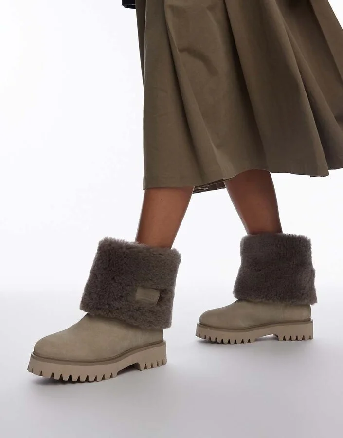 Bronx Groov-y shearling fold over ankle boots in oatmilk suede
