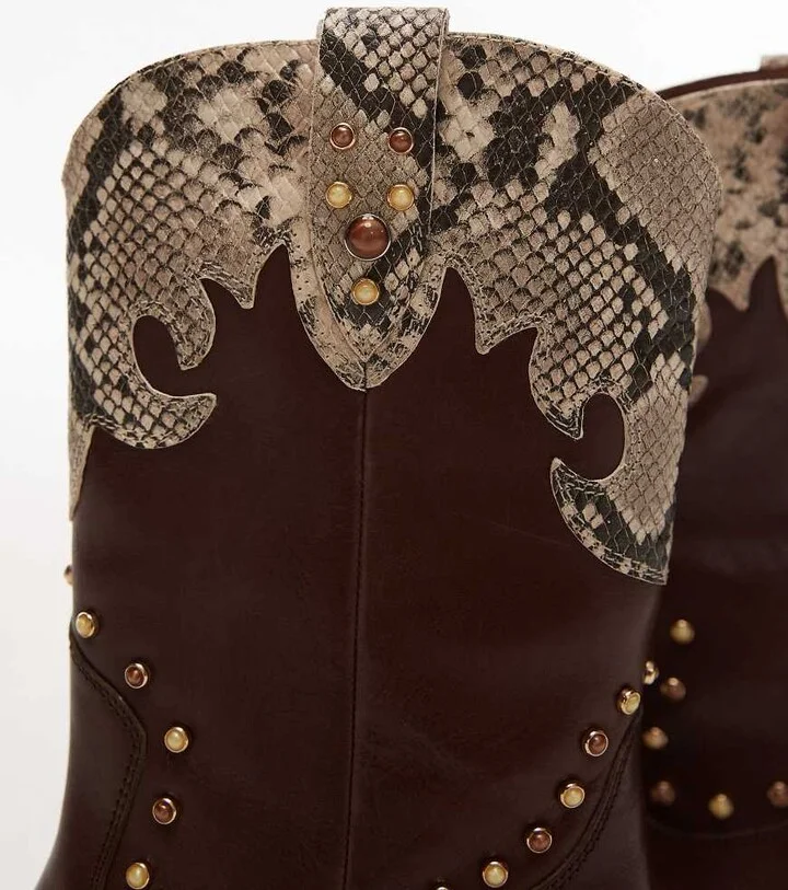 Bronx Jukeson beaded western ankle boots in chocolate and snake leather - Image 3