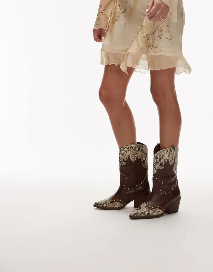 Bronx Jukeson beaded western ankle boots in chocolate and snake leather