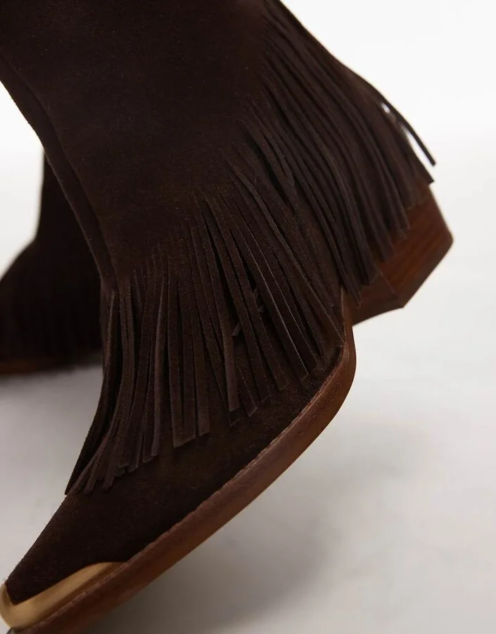 Bronx Jukeson tassel western ankle boots in suede chocolate - Image 2