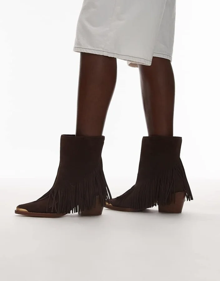 Bronx Jukeson tassel western ankle boots in suede chocolate - Image 3