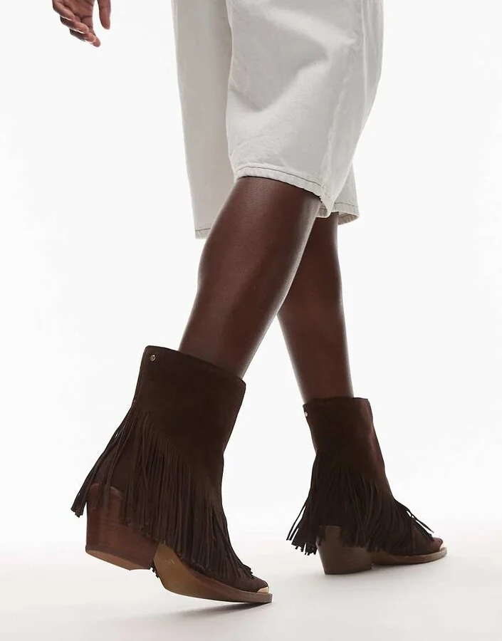 Bronx Jukeson tassel western ankle boots in suede chocolate - Image 4