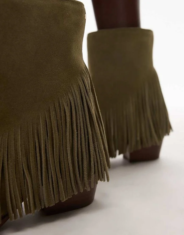 Bronx Jukeson tassel western ankle boots in suede khaki green - Image 2