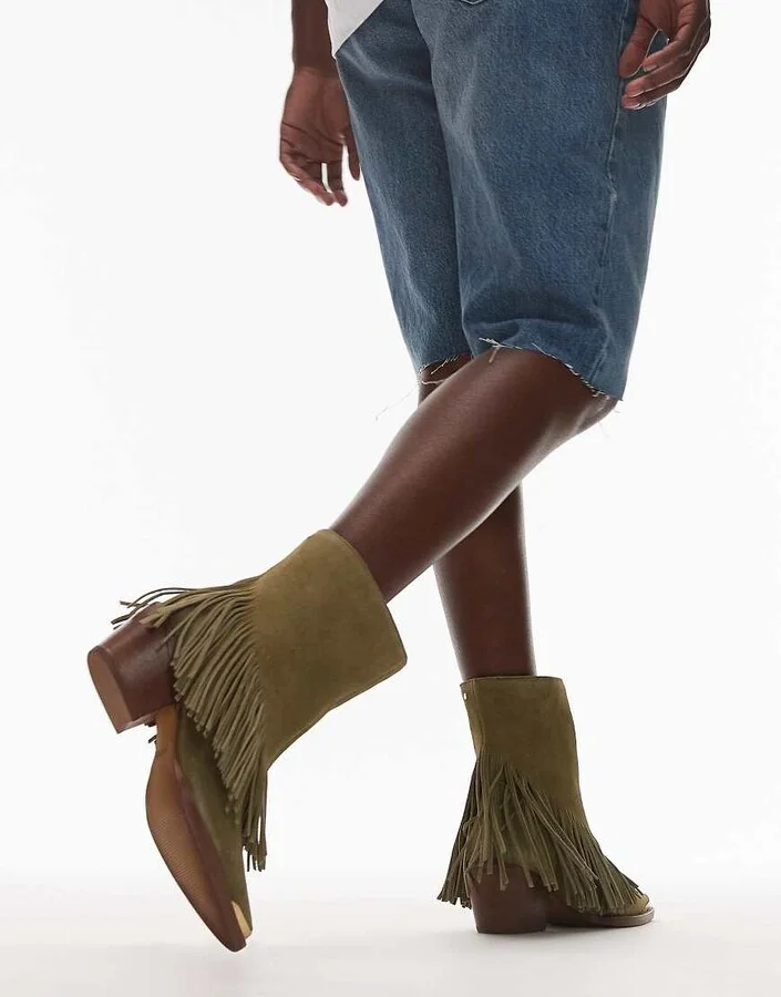Bronx Jukeson tassel western ankle boots in suede khaki green - Image 3