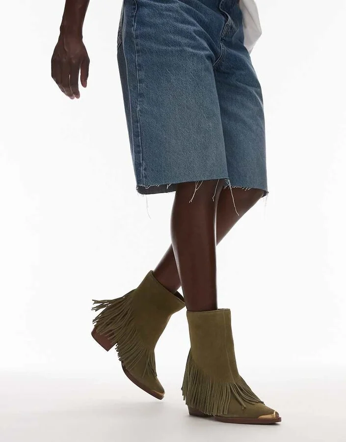 Bronx Jukeson tassel western ankle boots in suede khaki green - Image 4
