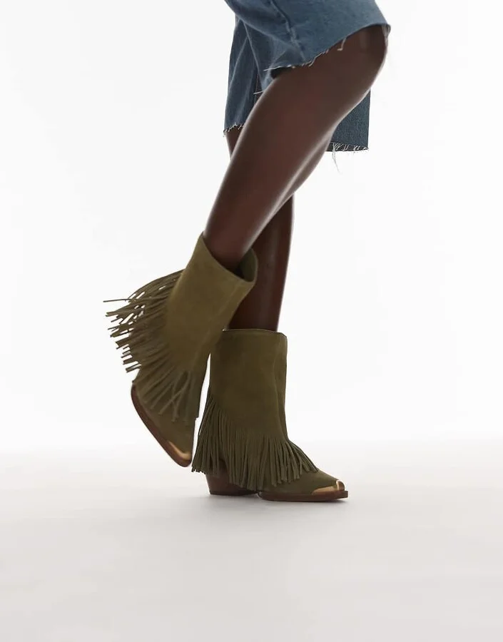 Bronx Jukeson tassel western ankle boots in suede khaki green